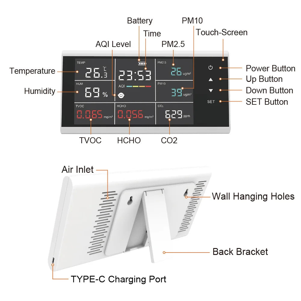 9 in 1 Air Quality Detector DM155C Laboratory Use CO2/PM2.5/HCHO Sensor Tester Touch Display Desktop Home Monitoring Systems